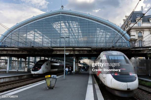 High-speed TGV passenger trains at Bordeaux Saint-Jean railway station in Bordeaux, France, on Sunday, May 14, 2023. The French economy grew at the...