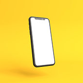 Smartphone mockup with blank white screen on a yellow background
