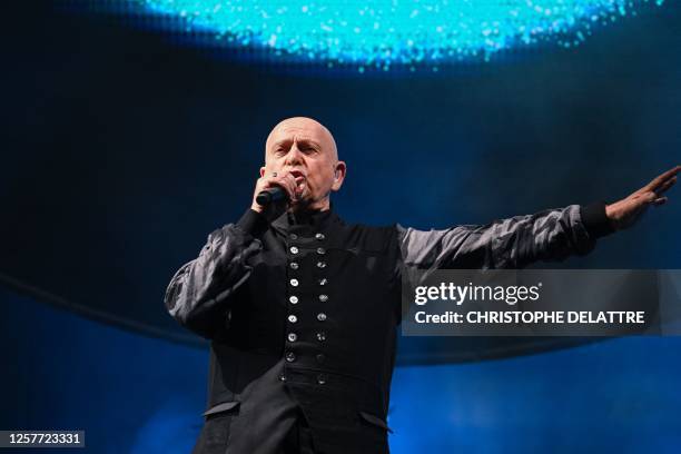 English musician Peter Gabriel performs on stage during a concert at the Accor Arena in Paris, on May 23, 2023.