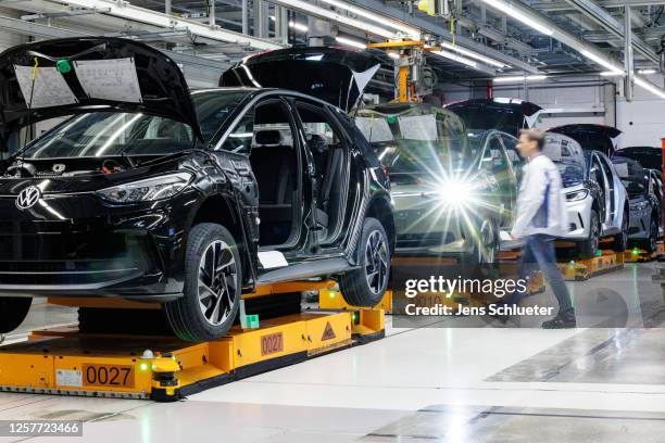 The second generation of Volkswagen's ID.3 electric car on a production line on May 24, 2023 in Zwickau, Germany. The reworked ID.3 is nearly...