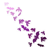 A lot of purple bats on white isolated background, vector stock illustration in Flat design style, concept of Halloween and Holiday, Trick or Treat, Animals and Symbols, October and Fall, Festival.