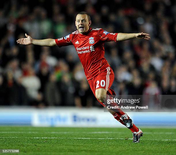 Jay Spearing of Liverpool in action during the Carling Cup third round match between Brighton & Hove Albion and Liverpool at Amex Stadium on...