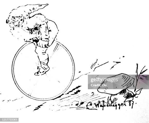 dwarf riding a unicycle, side view - white dwarf start stock illustrations