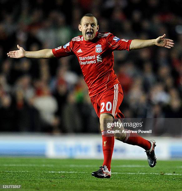 Jay Spearing of Liverpool in action during the Carling Cup third round match between Brighton & Hove Albion and Liverpool at Amex Stadium on...