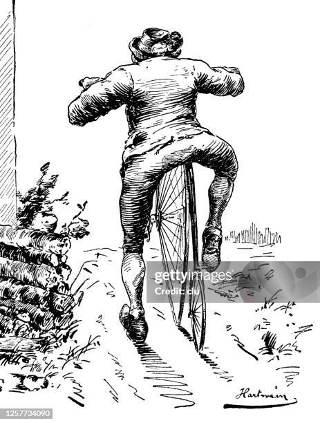 penny farthing bicyclist from behind ascending - innovative learning environment stock illustrations