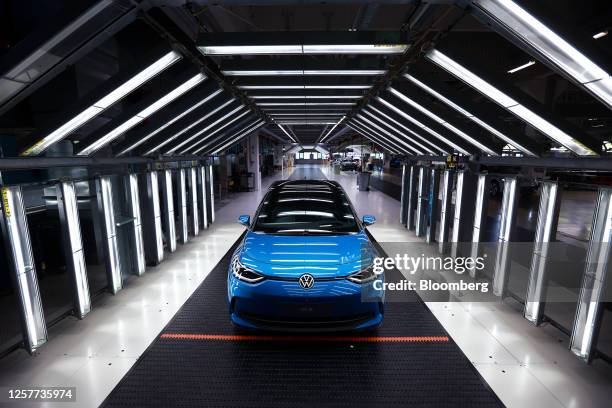 Volkswagen AG VW ID.3 electric sedan in the light tunnel for final checks at the Volkswagen Sachsen GmbH plant in Zwickau, Germany, on Wednesday, May...