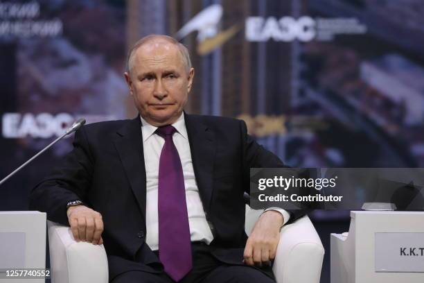 Russian President Vladimir Putin grimases during the 2nd Eurasian Economic Forum on May 24 in Moscow, Russia. Leaders of Russia, Belarus, Kazakhstan,...