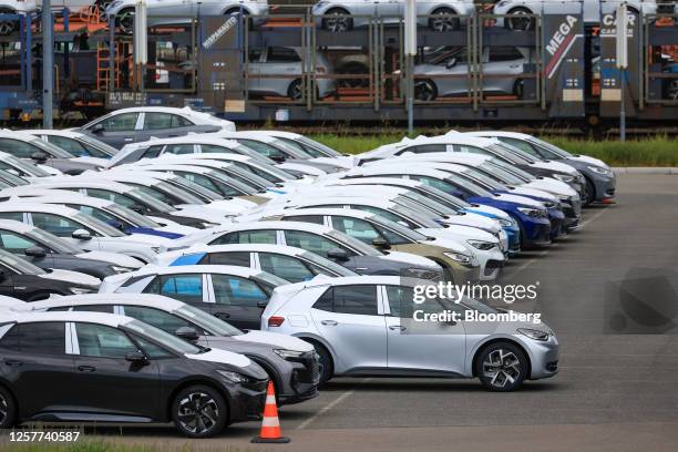 Newly-manufactured Volkswagen AG group electric vehicles in a storage lot at the Volkswagen Sachsen GmbH plant in Zwickau, Germany, on Wednesday, May...