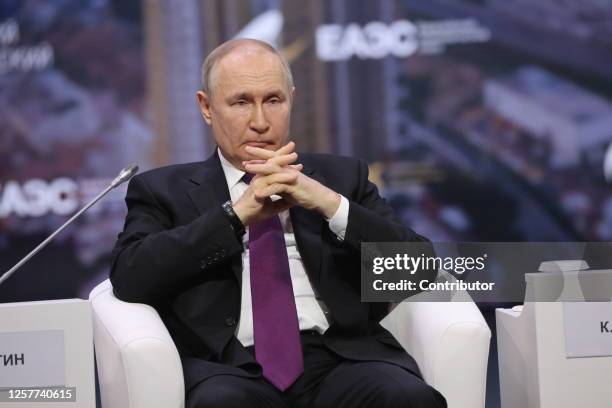 Russian President Vladimir Putin gestures during the plenary session of the 2nd Eurasian Economic Forum on May 24 in Moscow, Russia. Leaders of...