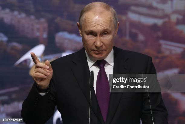 Russian President Vladimir Putin gestures during his speech at the 2nd Eurasian Economic Forum on May 24 in Moscow, Russia. Leaders of Russia,...