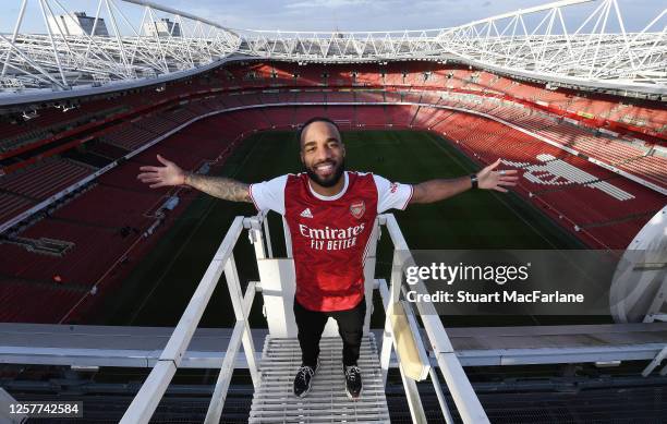 Alex Lacazette at the photoshoot to launch the Arsenal 2020/21 home kit at Emirates Stadium on January 29, 2020 in St Albans, England.