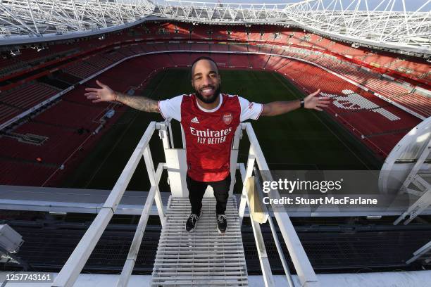 Alex Lacazette at the photoshoot to launch the Arsenal 2020/21 home kit at Emirates Stadium on January 29, 2020 in St Albans, England.