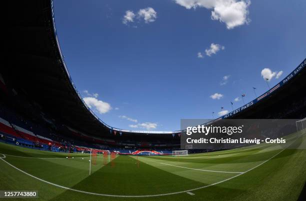 General view of the stadium is seen during a Paris Saint-Germain training session at Parc des Princes on May 24, 2023 in Paris, France.