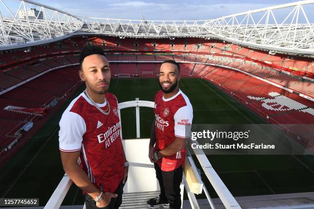 Pierre-Emerick Aubameyang and Alex Lacazette at the photoshoot to launch the Arsenal 2020/21 home kit at Emirates Stadium on January 29, 2020 in St...