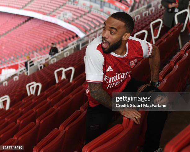 Alex Lacazette at the photoshoot to launch the Arsenal 2020/21 home kit at Emirates Stadium on January 29, 2020 in St Albans, England.