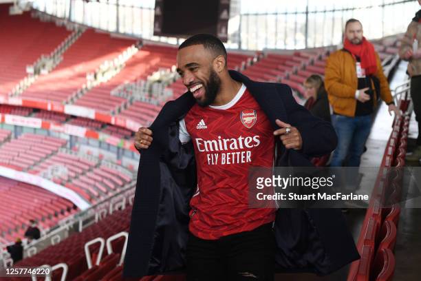 Alex Lacazette at the photoshoot to launch the Arsenal 2020/21 home kit at Emirates Stadium on January 29, 2020 in St Albans, England.