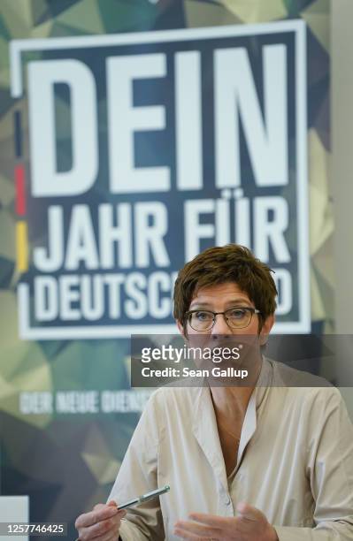 German Defense Minister Annegret Kramp-Karrenbauer speaks to the media to present the Bundeswehr's new "Freiwilliger Wehrdienst im Heimatschutz"...