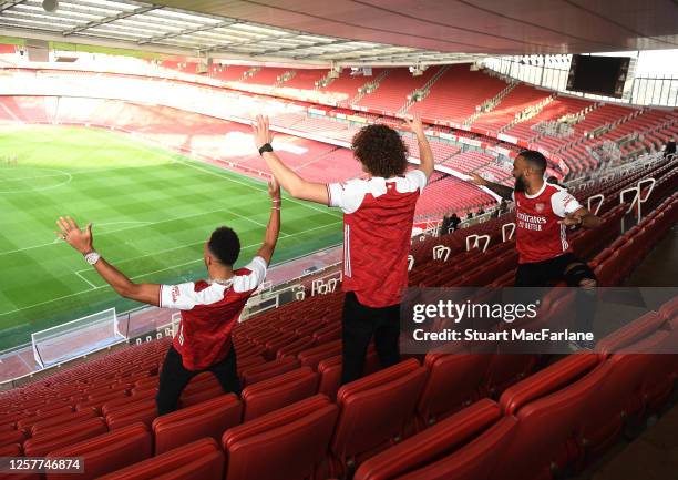 Pierre-Emerick Aubameyang, David Luiz and Alex Lacazette at the photoshoot to launch the Arsenal 2020/21 home kit at Emirates Stadium on January 29,...