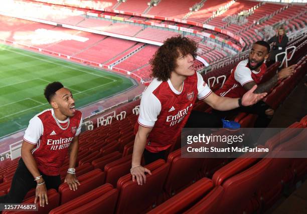 Pierre-Emerick Aubameyang, David Luiz and Alex Lacazette at the photoshoot to launch the Arsenal 2020/21 home kit at Emirates Stadium on January 29,...