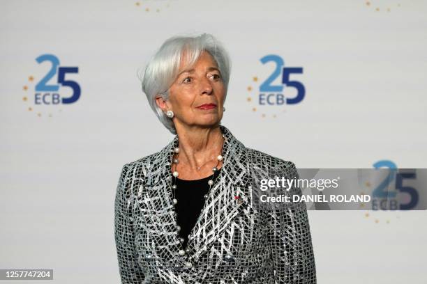 President Christine Lagarde arrives for celebrations of the European Central Bank ECB to mark its 25th anniversary at the ECB headquarters in...