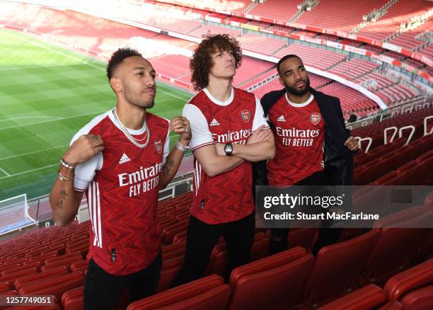 Pierre-Emerick Aubameyang, David Luiz and Alex Lacazette at the photoshoot to launch the Arsenal 2020/21 home kit at Emirates Stadium on January 29,...