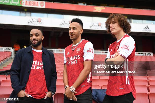 Alex Lacazette, Pierre-Emerick Aubameyang and David Luiz at the photoshoot to launch the Arsenal 2020/21 home kit at Emirates Stadium on January 29,...