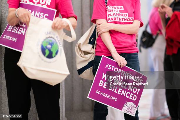 Demonstrators wait for lawmakers to arrive before the South Carolina Senate passed a ban on abortion after six weeks of pregnancy at the South...