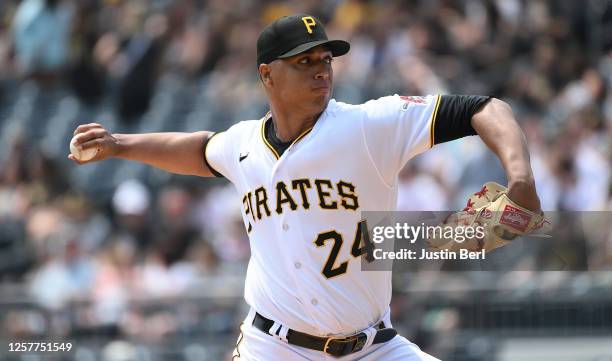 Johan Oviedo of the Pittsburgh Pirates delivers a pitch in the first inning during the game against the Texas Rangers at PNC Park on May 24, 2023 in...