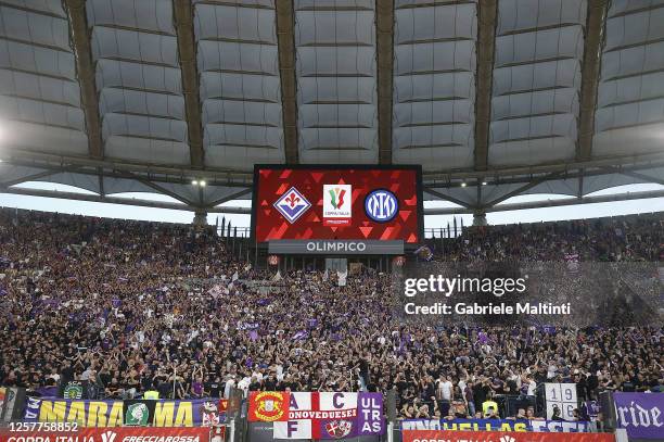 Fans of ACF Fiorentina during the Coppa Italia Final match between ACF Fiorentina and FC Internazionale at Stadio Olimpico on May 24, 2023 in Rome,...