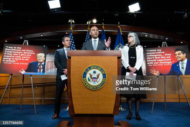 Democratic Caucus Chair Hakeem Jeffries, D-N.Y., center, vice chair Rep. Pete Aguilar, D-Calif., and whip Rep. Katherine Clark, D-Mass., conduct a...