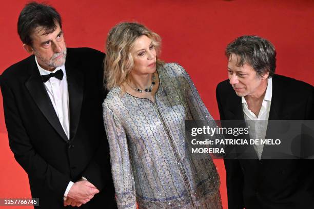 Italian director Nanni Moretti, Italian actress Margherita Buy and French actor Mathieu Amalric arrive for the screening of the film "Il Sol...