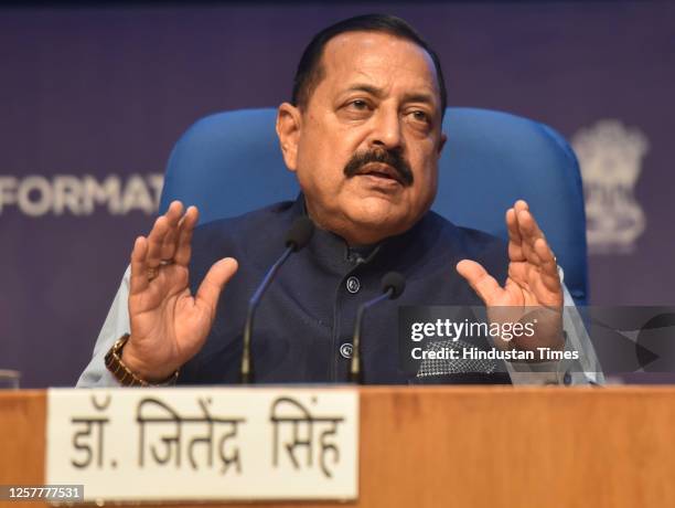 Minister of State in the Ministry of Personnel, Public Grievances and Pensions of India Dr. Jitendra Singh addressing a press pre-event briefing on...