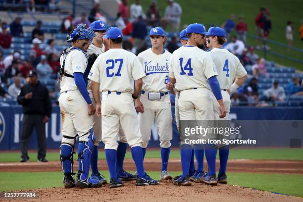 Kentucky Wildcats players meet at the mound for a pitching change during the 2023 SEC Baseball Tournament game between the Kentucky Wildcats and the...
