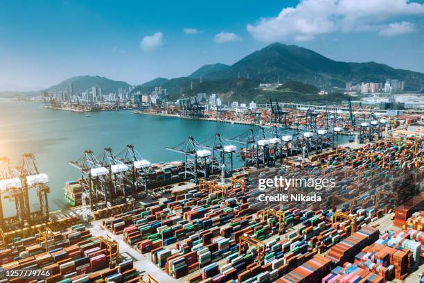 aerial view of container ship terminal in shenzhen, china - guangdong province stock pictures, royalty-free photos & images