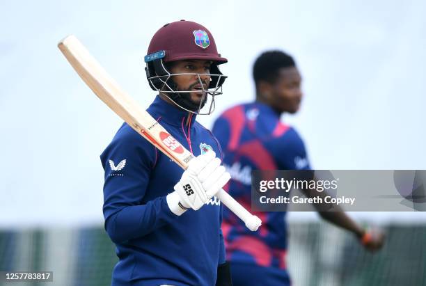 Shai Hope of West Indies looks on during a West Indies Nets Session at Emirates Old Trafford on July 23, 2020 in Manchester, England.