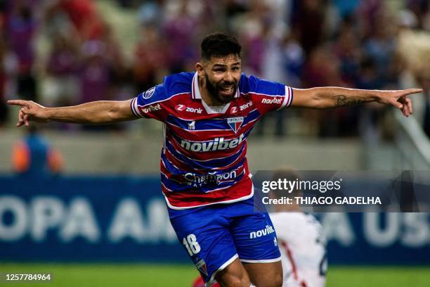 Fortaleza's Argentine forward Silvio Romero celebrates after scoring a goal during the Copa Sudamericana group stage second leg football match...