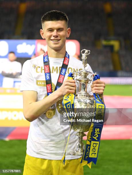 Illan Meslier of Leeds with the league trophy after the Sky Bet Championship match between Leeds United and Charlton Athletic at Elland Road on July...