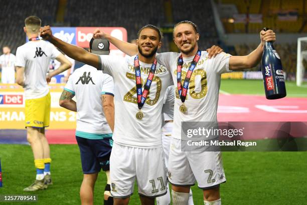 Tyler Roberts and Luke Ayling of Leeds celebrate during the Sky Bet Championship match between Leeds United and Charlton Athletic at Elland Road on...