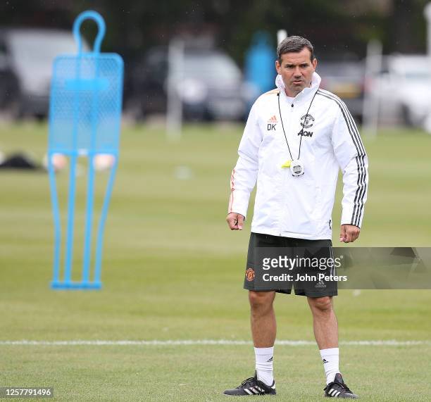 Coach Dave Kelly of Manchester United U23s in action during a training session at Aon Training Complex on July 22, 2020 in Manchester, England.