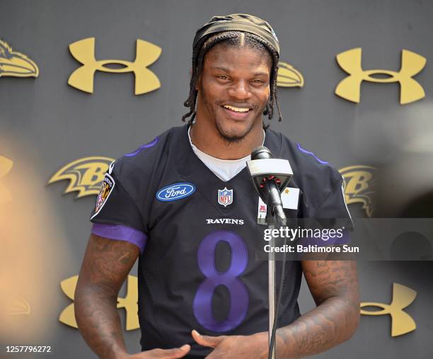 Baltimore Ravens quarterback Lamar Jackson answers questions after organized team activities at the Under Armour Performance Center in Owings Mills...