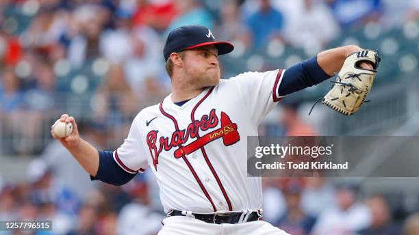 Bryce Elder of the Atlanta Braves pitches during the first inning against the Los Angeles Dodgers at Truist Park on May 24, 2023 in Atlanta, Georgia.