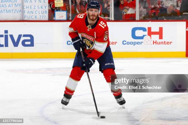 Matthew Tkachuk of the Florida Panthers warms up on the ice prior to the start of the game against the Carolina Hurricanes in Game Four of the...