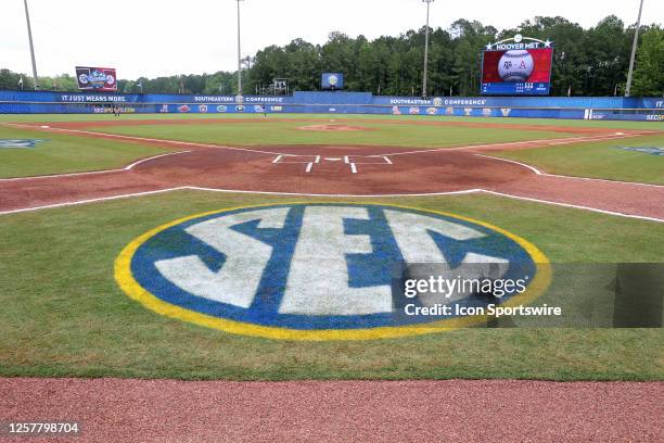 General view of the SEC logo painted on the field during the 2023 SEC Baseball Tournament game between the Arkansas Razorbacks and the Texas A&M...