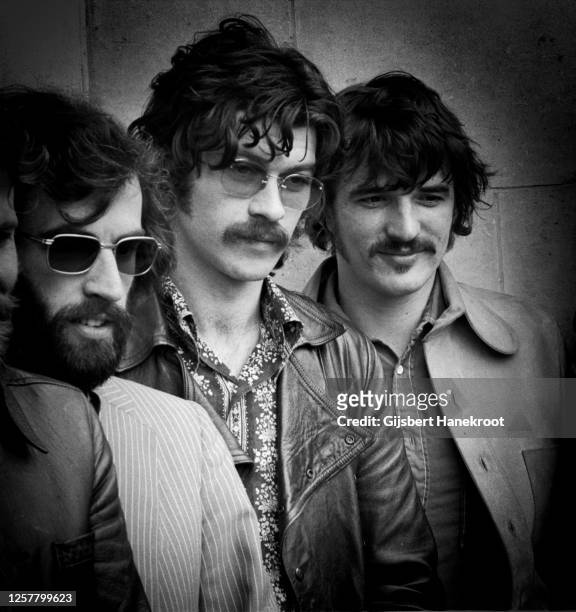 Group portrait of Canadian-Amercian rock group The Band in London, United Kingdom, June 1971. L-R Richard Manuel, Robbie Robertson, Rick Danko.