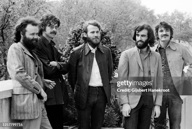 Group portrait of Canadian-Amercian rock group The Band in London, United Kingdom, June 1971. L-R Garth Hudson, Robbie Robertson, Levon Helm, Richard...