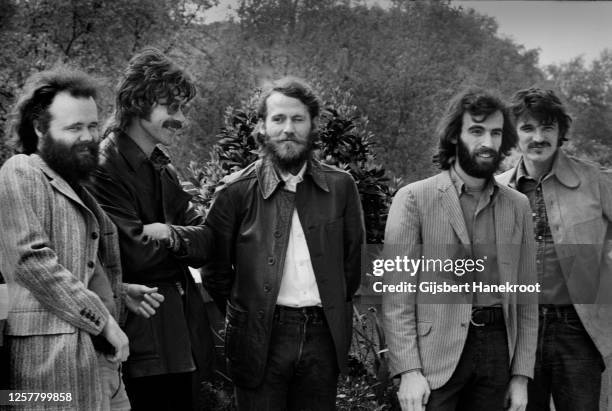 Group portrait of Canadian-Amercian rock group The Band in London, United Kingdom, June 1971. L-R Garth Hudson, Robbie Robertson, Levon Helm, Richard...