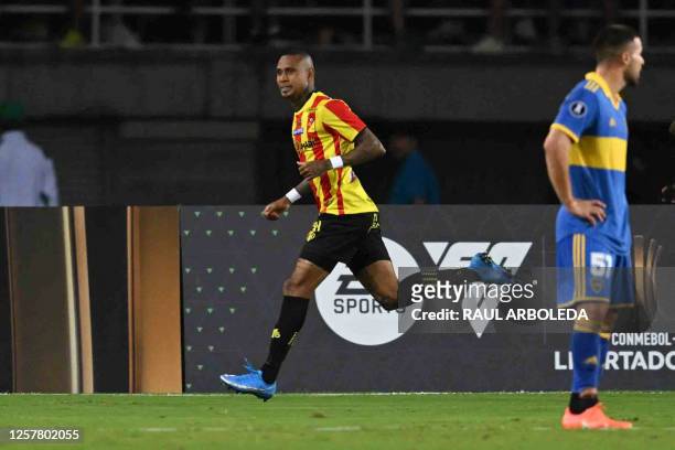 Deportivo Pereira's forward Arley Rodriguez celebrates after scoring during the Copa Libertadores group stage second leg football match between...