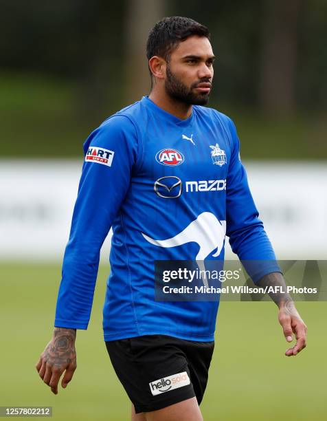 Tarryn Thomas of the Kangaroos looks on during the North Melbourne Kangaroos training session at Arden Street Oval on May 25, 2023 in Melbourne,...