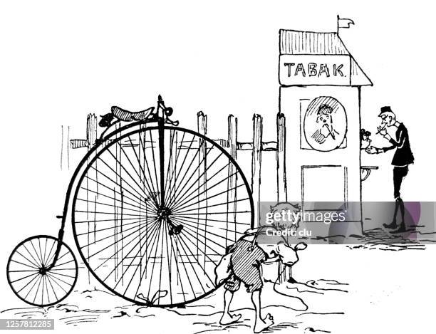 boy ties a cord on an abandoned penny farthing bicycle - teenagers fencing sport stock illustrations