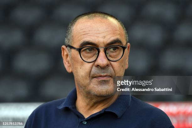 Maurizio Sarri head coach of Juventus looks on during the Serie A match between Udinese Calcio and Juventus at Stadio Friuli on July 23, 2020 in...